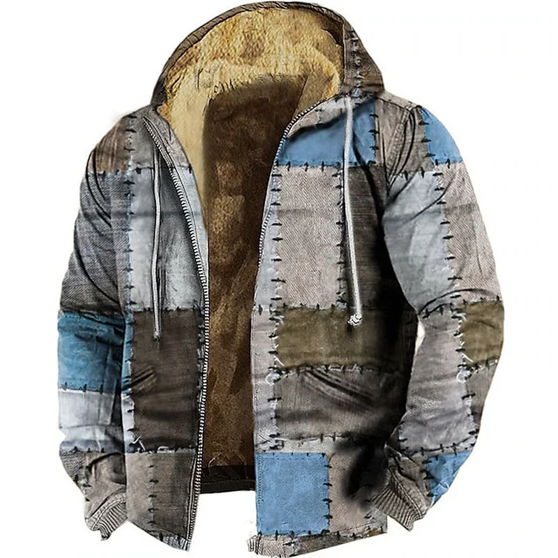 Men's Winter Jacket Old Style Sewing Rags Print Fleece Parka Coat Warm Jackets Outerwear Daily Hooded Zip-up Overcoat 2024 New