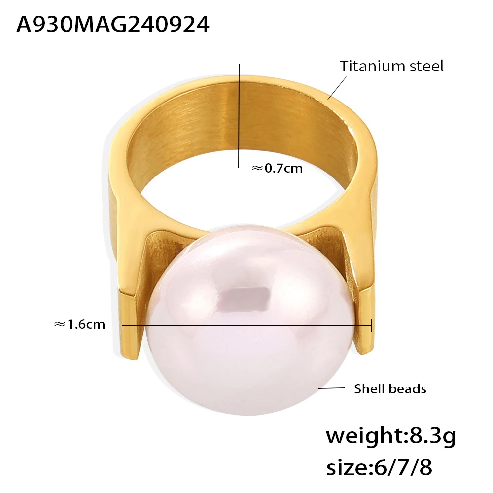 Exaggerated Big Pearl Designer Stainless Steel Rings For Women Gold Plated Ring Fashion Charm Jewelry Gift Wholesale