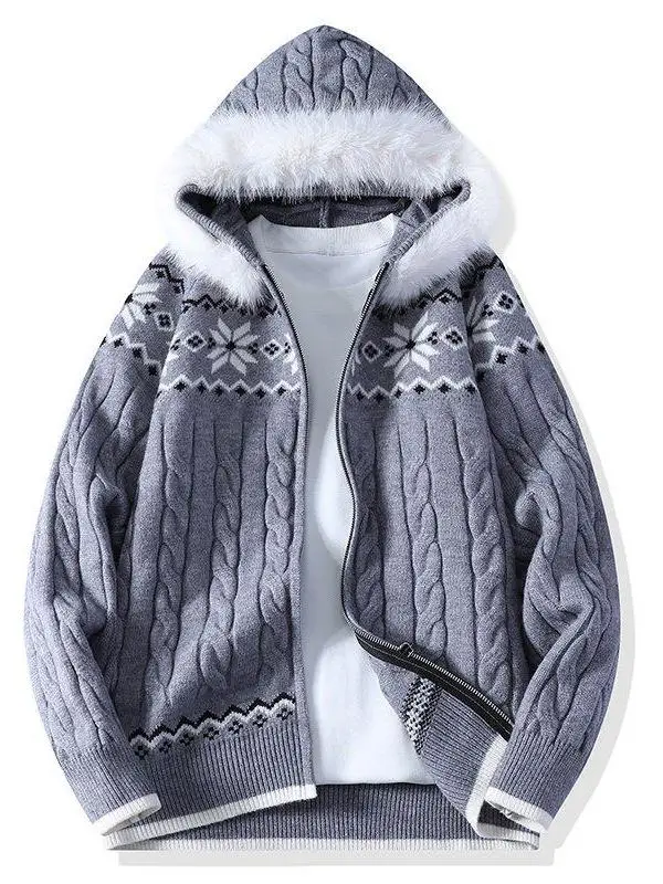 

Утепленная вязаная толстовка на молнии для мужчин, свитер с ретро-узором, теплая верхняя одежда, повседневное пальто из полиэфирного волокна с длинными рукавами