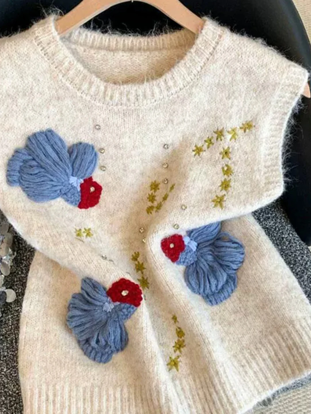 Korean Style Heavy Work Little Gold Fish Embroidery Knitted Vest Women's Spring Autumn Sleeveless round Neck Overhead Sweater...