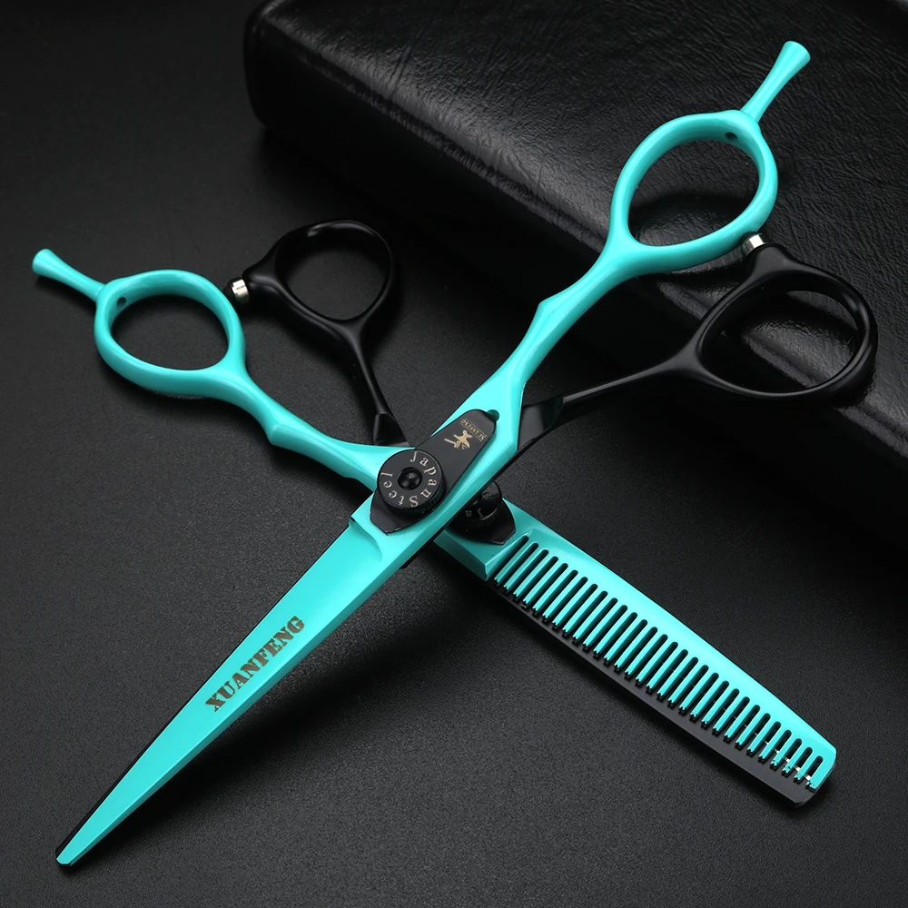 Spring clip screw double color hair scissors 6 inch 9cr18 steel barber cutting scissors and thinning scissors