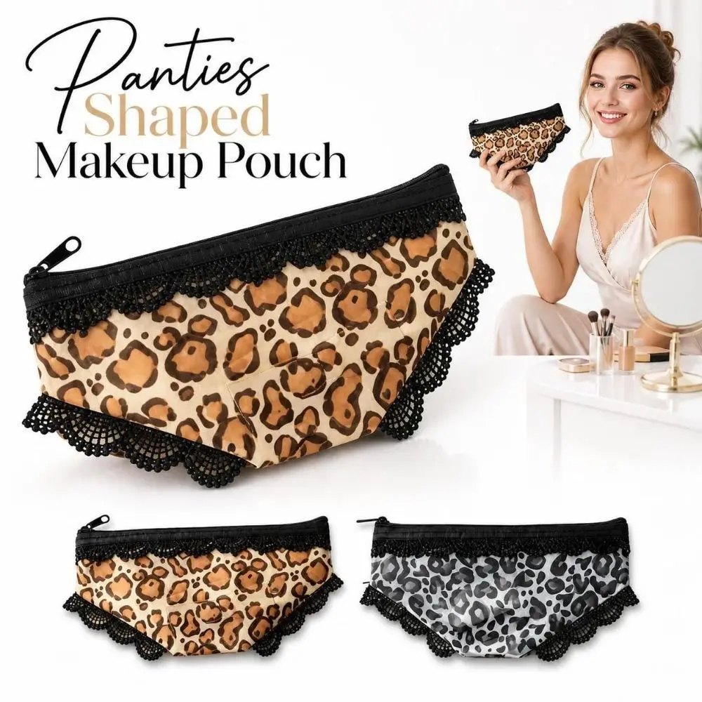 Leopard Print Panties Shaped Makeup Pouch Lace Trimmed Zippered Mesh Cosmetic Bag Lightweight Portable Storage Pouch Daily Use