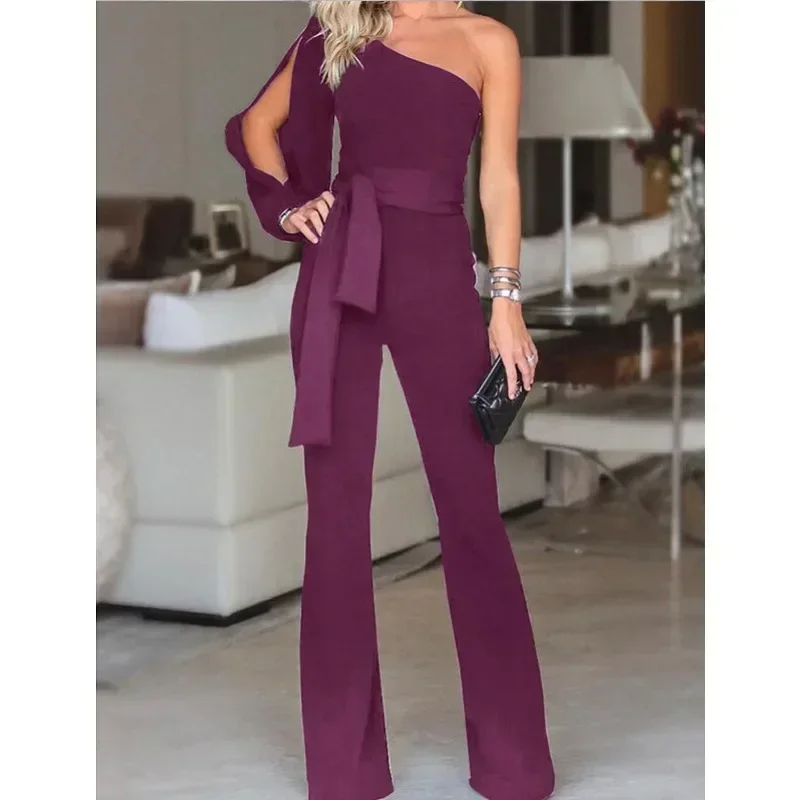 New women\'s single shoulder high waistband solid color slim fit sexy jumpsuit fashionable and versatile