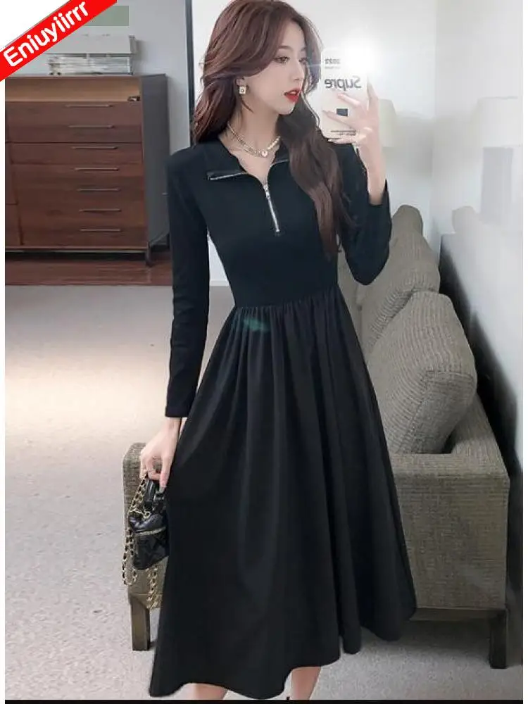 حار مبيعات النساء الشتاء الربيع الأساسية ارتداء Feminine Vestidos الفرنسية أسود طويل أنيق الرجعية Vintage نصف الياقة المدورة تي شيرت فستان