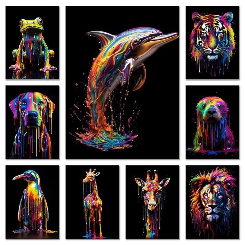 Animals With Paint Canvas Painting Rainbow Dog Sea Otter Elephent Poster Canva Prints HD Pictures Frog Animal Wall Art Unfram