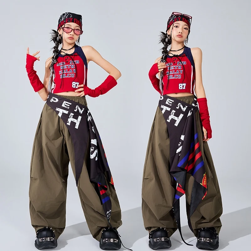 Children Hip Hop Jazz Dance Clothes Summer Girls Red Tops Army Green Pants Kpop Outfits Street Dance Costume Group Suit BL16628