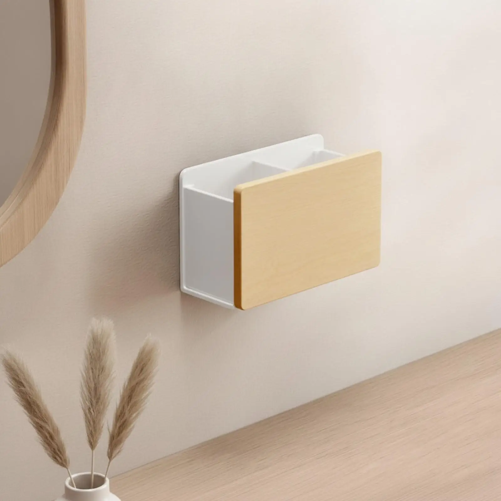 Two Compartment Wall Storage Rack Wood Finish Aluminum Shell Mounting Bin for Bathroom Bedroom Small Supplies