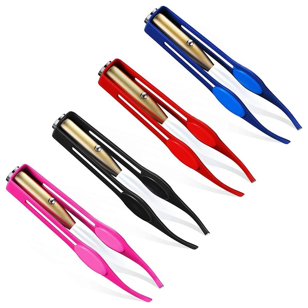 4 Pcs LED Tweezers Stainless Steel Tweezers with LED Light Makeup LED Light Eyelashes Eyebrow Hair Removal Illuminated Tweezers