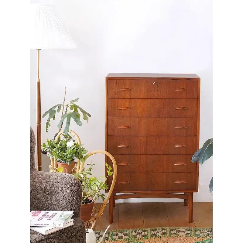New creative shell handle teak six-chest cabinet, retro medieval living room storage drawer type multi-layer side cabinet