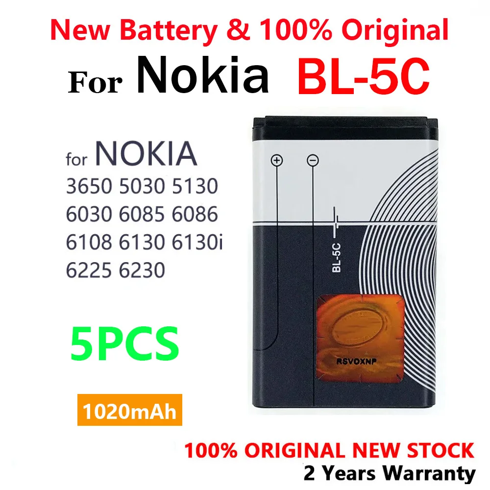 100% New Original BL-5C BL5C 3.7V 1020mAh Phone Battery For Nokia 1100 1110 1200 1208 1280 2600 2700 3100 3110 5130 6230 1600