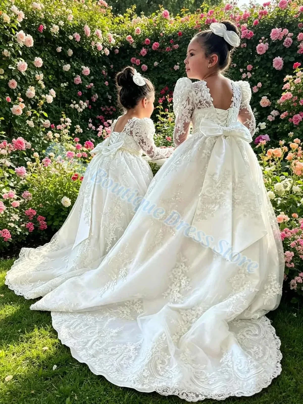 Großhandel Langarm Weißes Maßgeschneidertes Blumenmädchenkleid mit Schleife/Schleppe Kinder Perlenbesetztes Spitzenkleid für Hochzeit, Erstkommunion, Geburtstag – Detail 1
