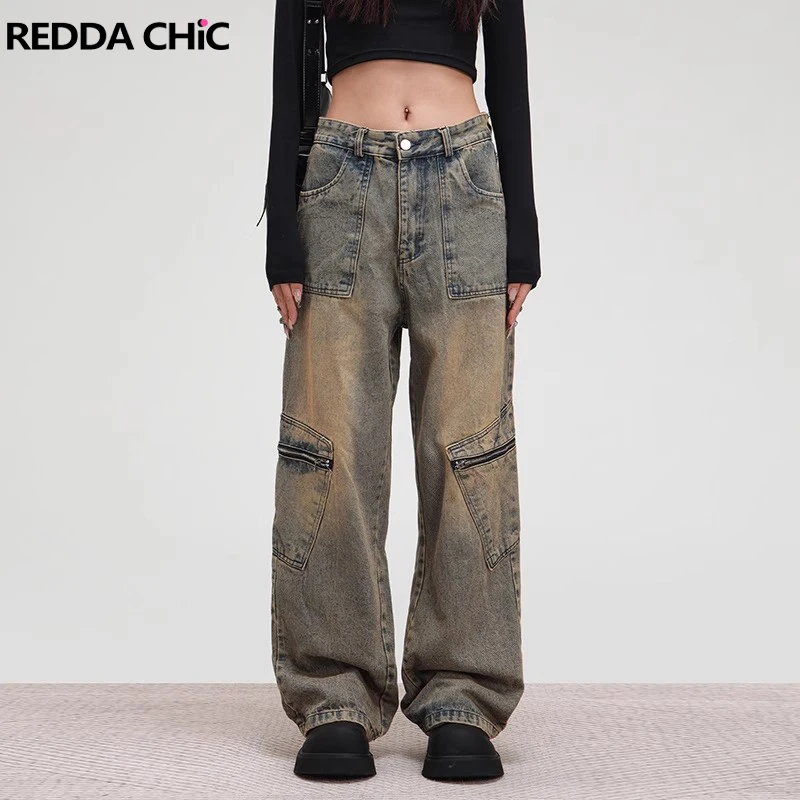 

ReddaChic 90s Retro Green Wash Baggy Jeans for Women Distressed Low Waist Loose Fit Casual Cargo Pants Y2k Hip Hop Streetwear