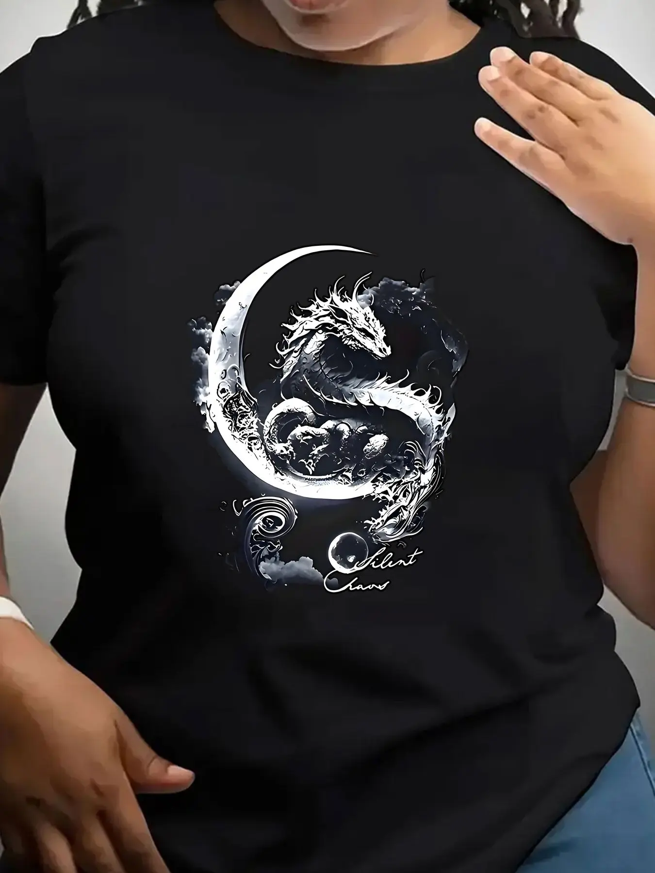 Women's Trendy Crew Neck T-Shirt Dragon Moon Wave Art Print Suitable for Casual Sportswear