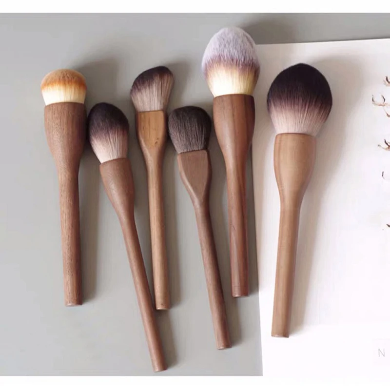 【1Pc Vintage Wood Handle Makeup Brush High Quality Walnut Loose Powder Blush Foundation Contour Brush】