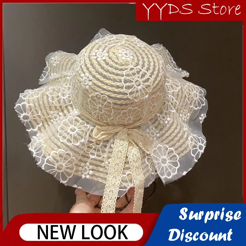 Children's Straw Hat Big Brim Lace Bucket Hat Panama Beach Straw Sun Hat Foldable Baby Beach Hat Panama Beach Straw Sun Hat