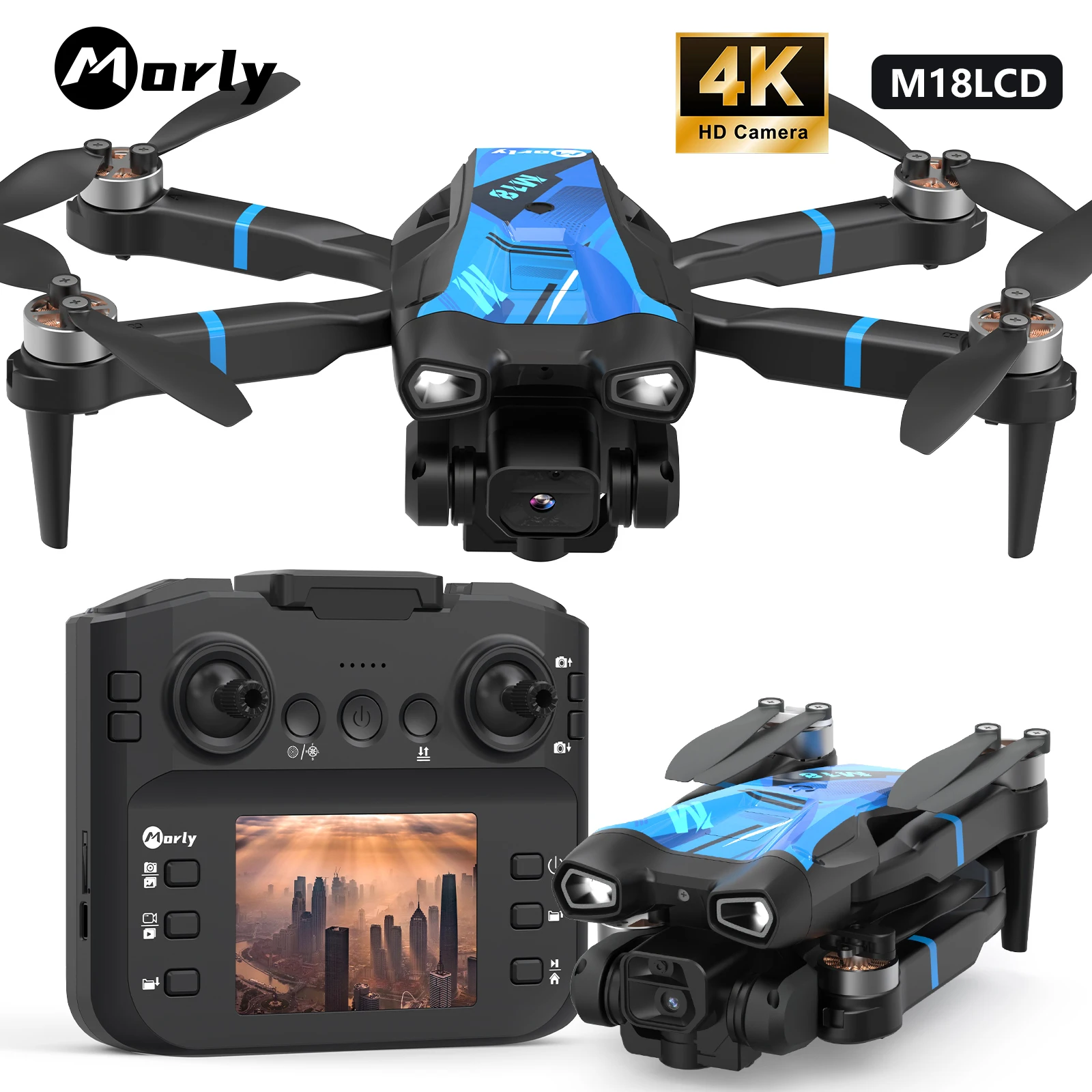 Mini drone M18LCD avec caméra 4K, roues 3D, télécommande LCD rechargeable, 3 vitesses, quadricoptère RC pour débutants