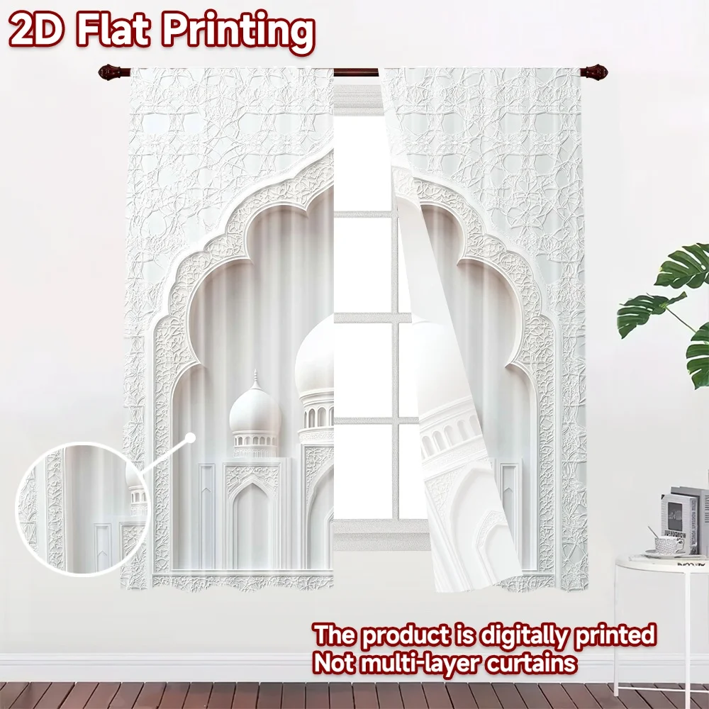 2D flat 2pcs Curtain Retro Country Style White Mosque Arch Digitally printed polyester, colorfast Festive Holiday Perfect for