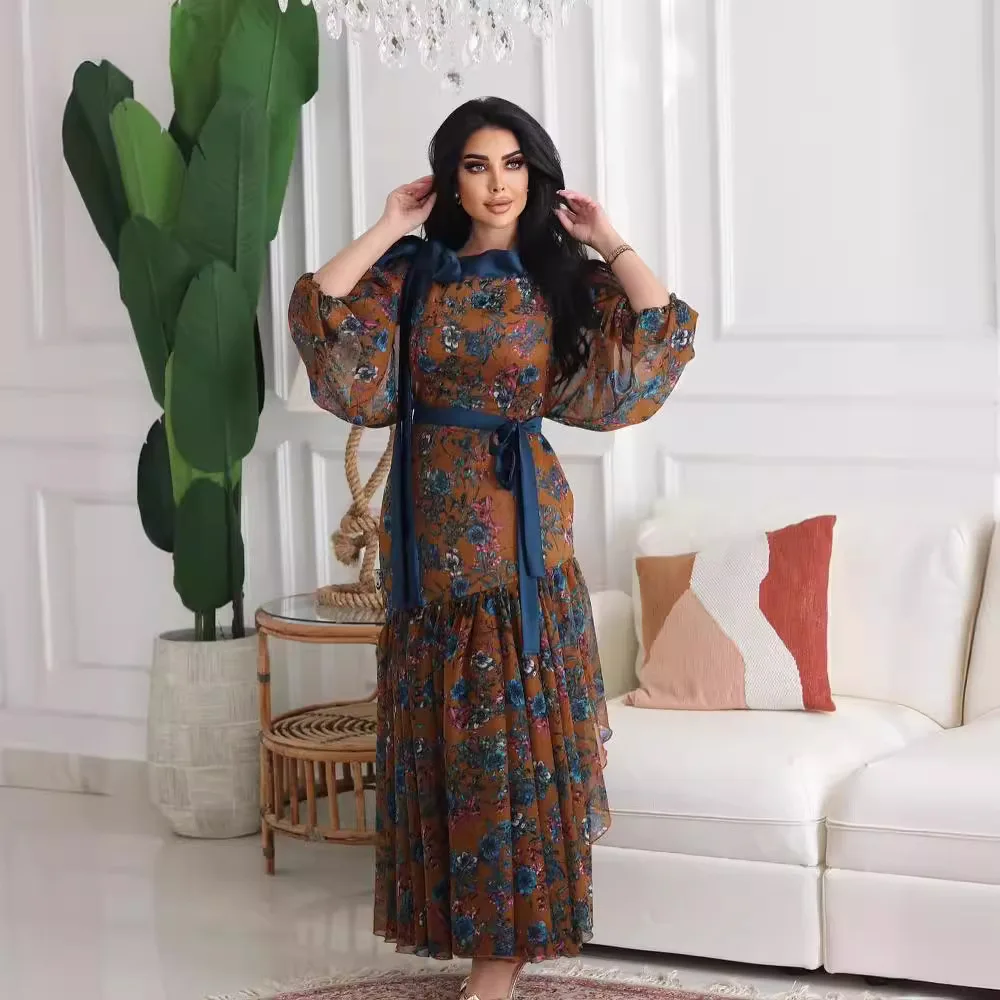 

Осень-зима 2022, новое модное женское темпераментное сексуальное шифоновое вечернее платье с большим маятниковым поясом и принтом