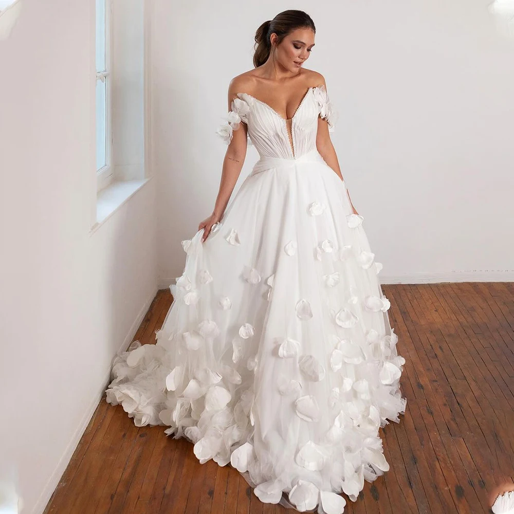 Vestido De novia plisado con hombros descubiertos, traje De boda De línea A, mariposa, flor, hecho A medida, 2025