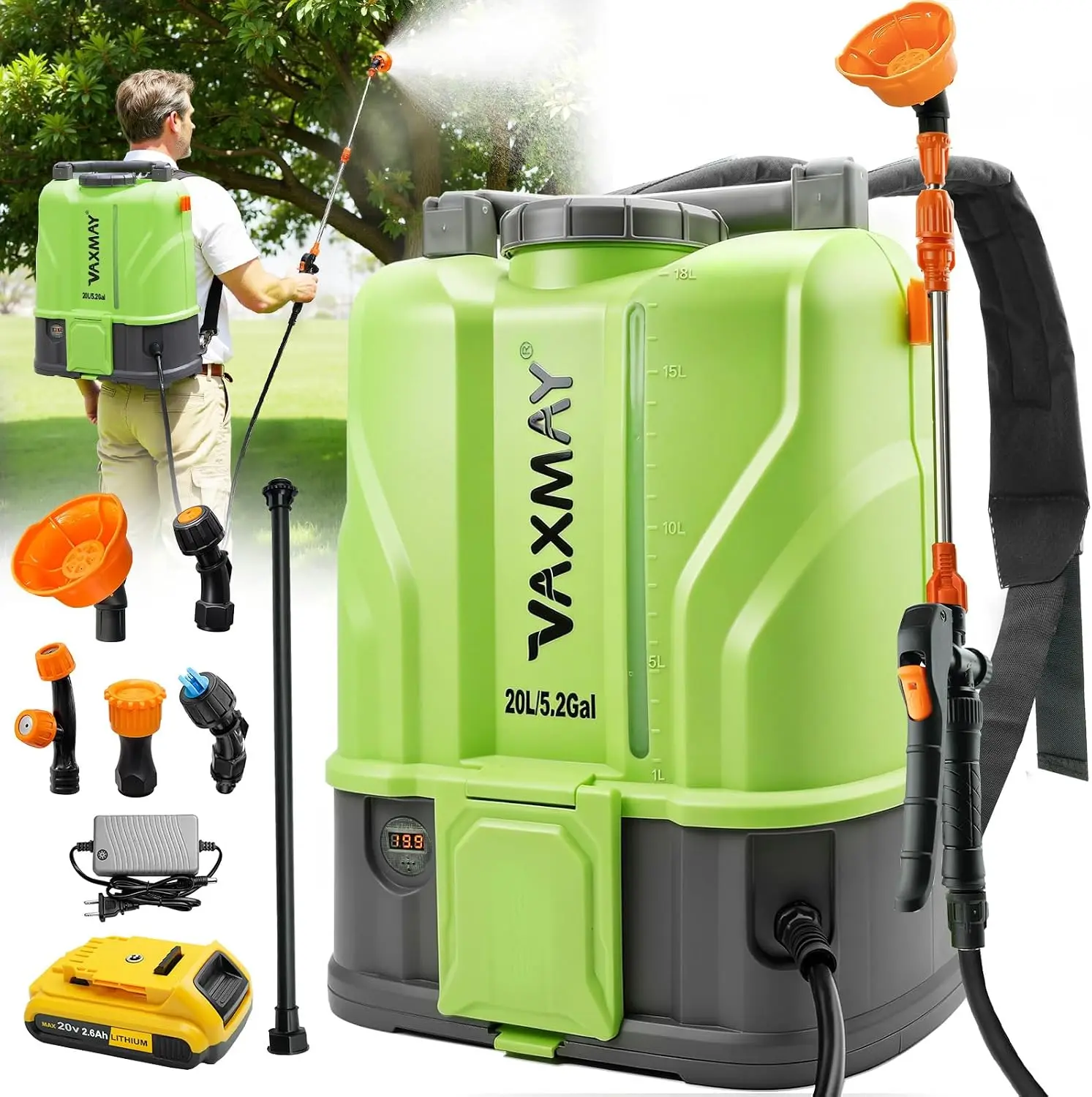 Battery Powered Backpack Sprayer 5.2 Gallon 120 PSI Electric Garden Sprayer Compatible 20V Battery Weed Yard Sprayer 2 Wands 5 N