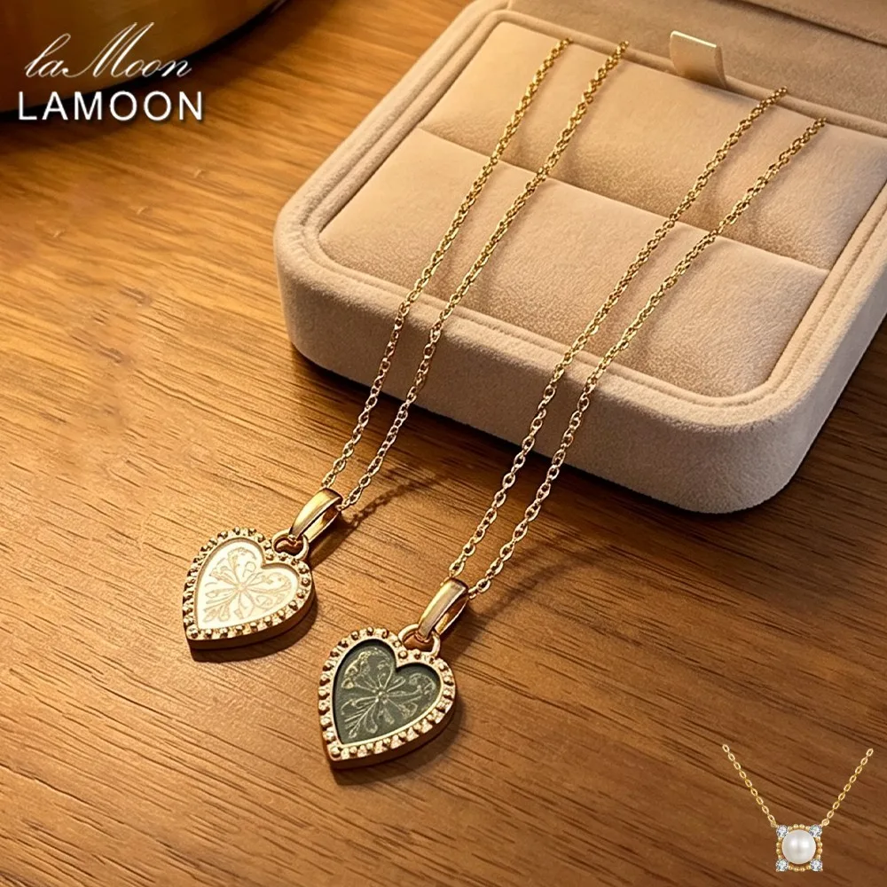 LAMOON Romantic Natural White Shell Pendant Necklaces Gemstone Heart Shape 925 Sterling Silver Gold Plated Women's Fine Jewelry