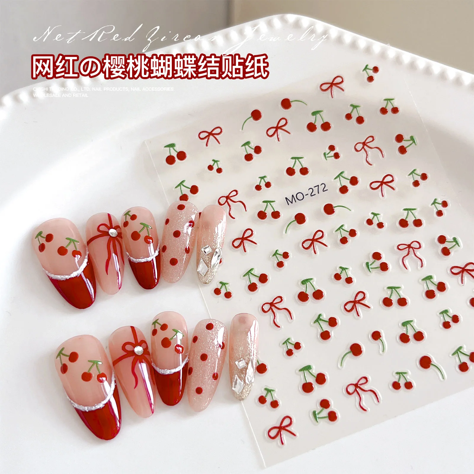 1pcs Kawaii Red Cherry Bow Nail Stickers 3D Cute Bow Fruit Back Adhesive Stickers Press On Nails DIY Nail Art Decorations Decals