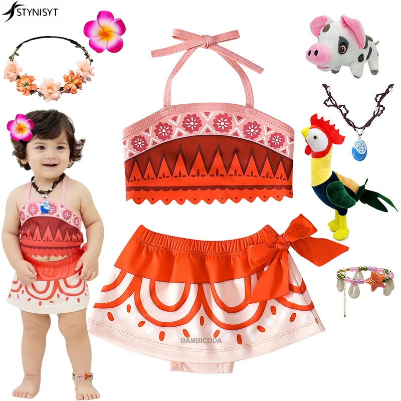 Movie Girls Moana 2 Costume Childhood Moana Dress Up Pig Dolls Fancy Toddler Princess Halter Dress Role Play Bohemia Beachwear