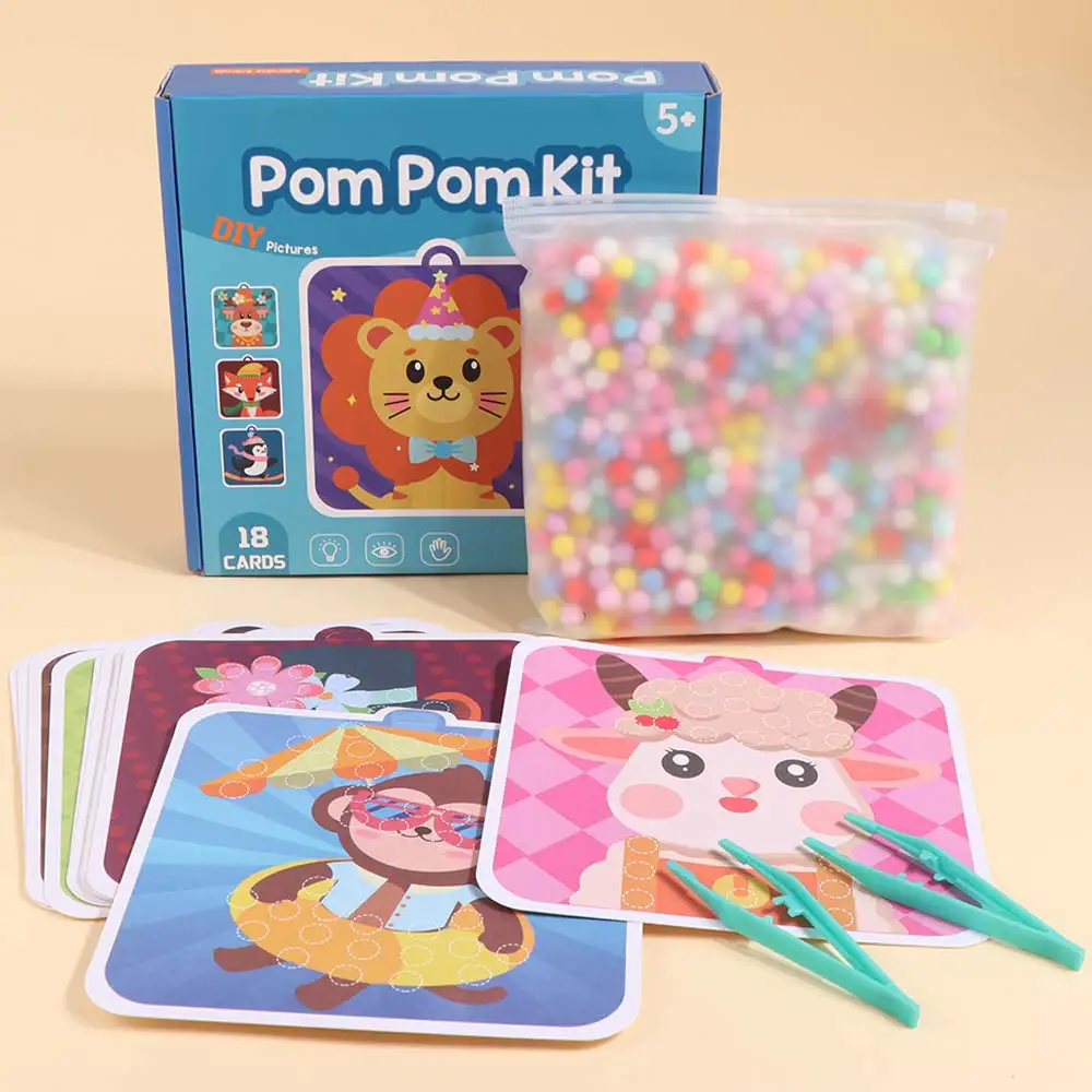 Handmade Material Children's Sticker Book Hairball Educational Animal Pompom Art Kit Early Learning Cartoon Pompom Crafts