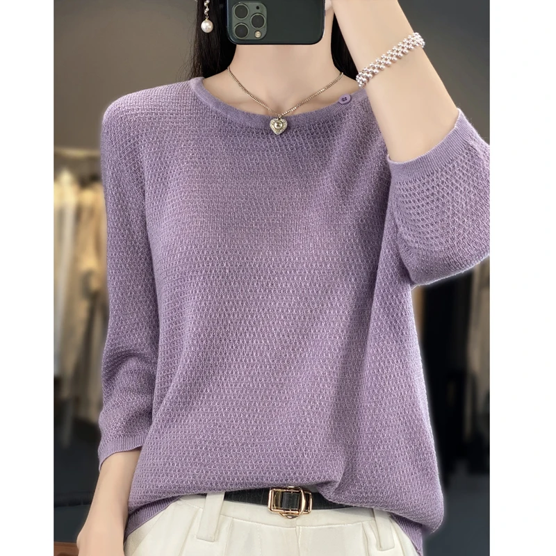 Spring and Autumn Seven-Sleeve Worsted Sweater Round Neck Thin Loose Bottom Shirt Simple Fashion Top Woman