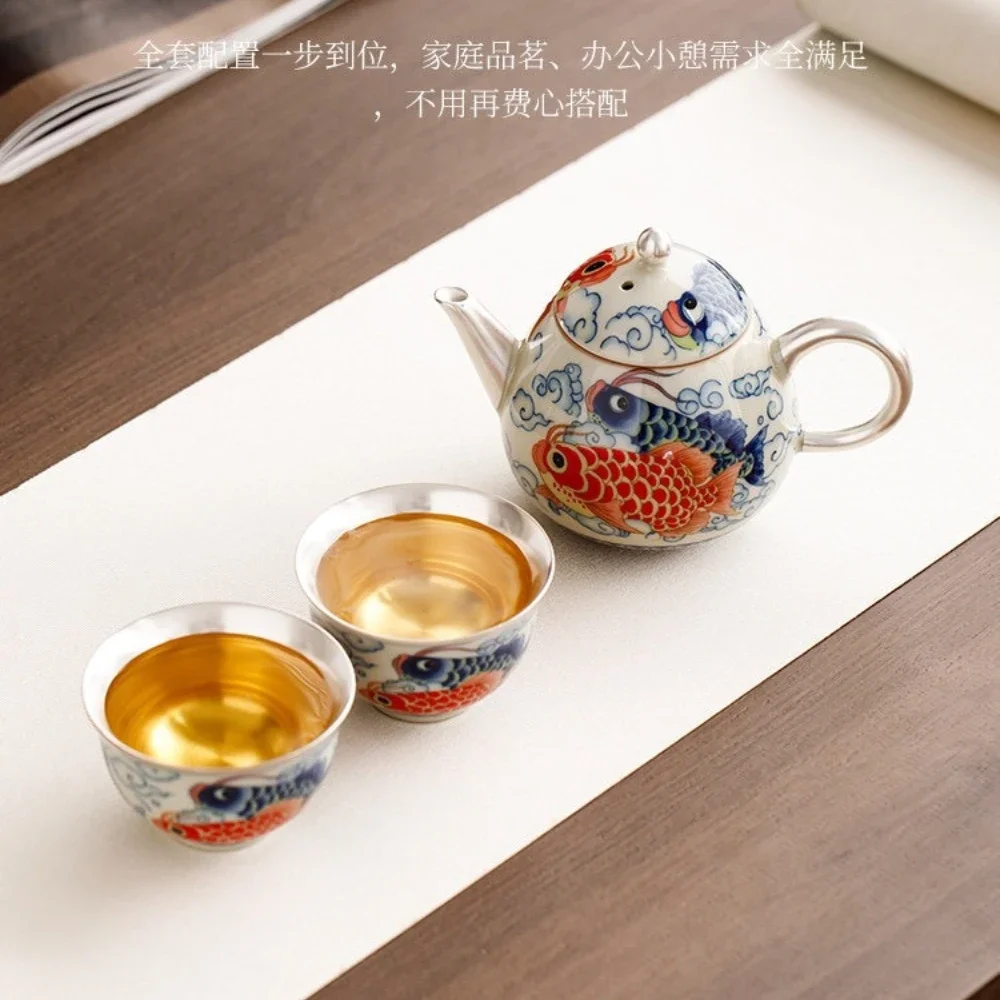 Handmade Plated 999 Silver Cloud Carp Changle Travel TeaSet Go Out Carrying Bag Portable Express Cup Outdoor 1 Pot 2 Cups TeaSet