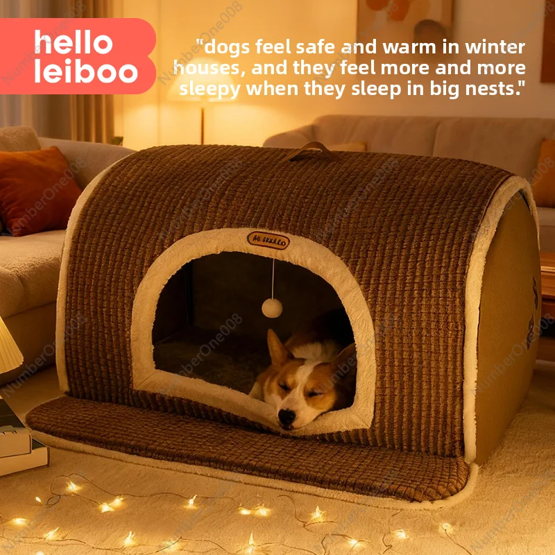 Winter Warm Dog Bed for Large Medium Dogs Semi-Enclosed Design Removable Washable Cover Plush Comfort