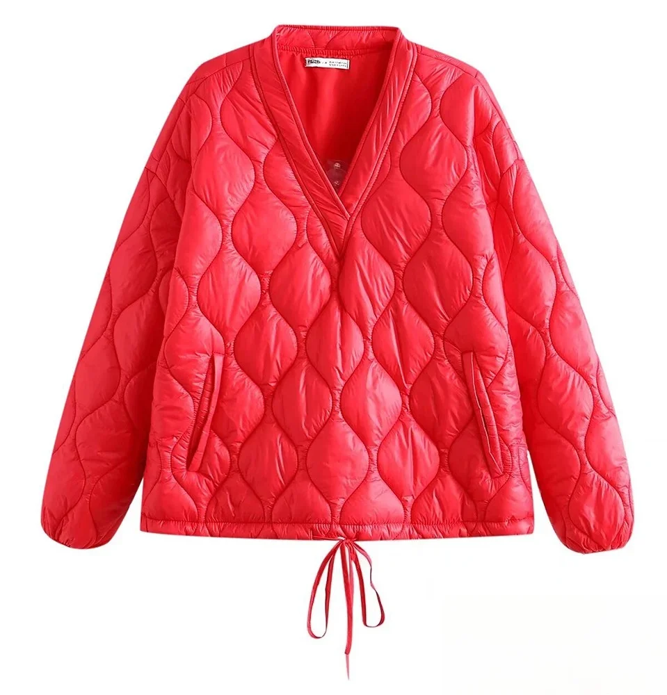 

KONDALA Women Casual Red V-Neck Long Sleeve Padded Pullover Jacket New 2025 Autumn Winter Fashion Commuter High Street Jacket