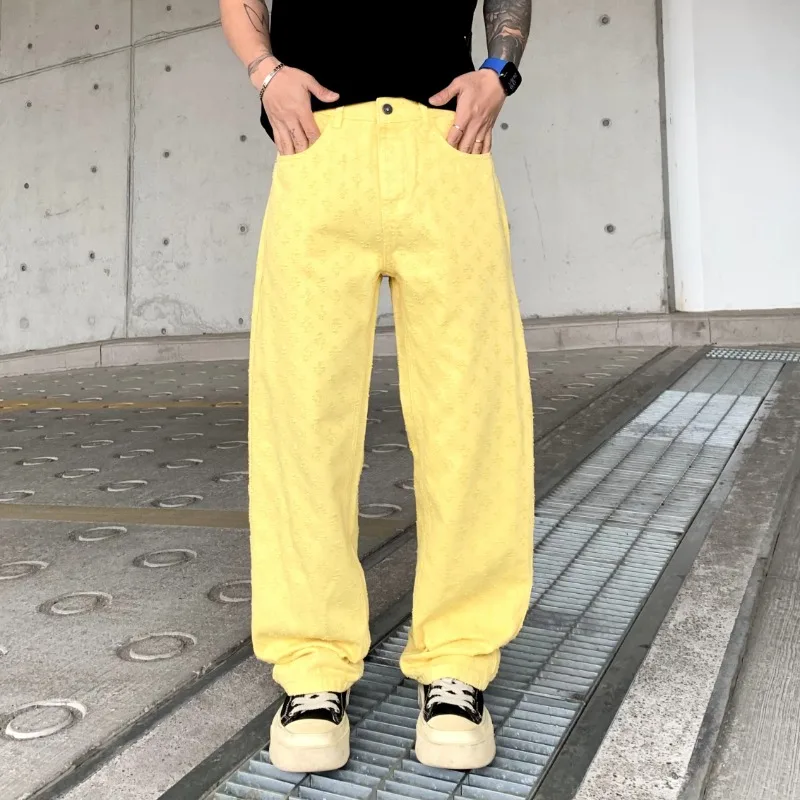 

Loose Trend Ripped Baggy Jeans For Men Fashion Casual Solid Wash Brushed Straight Denim Wide Pants