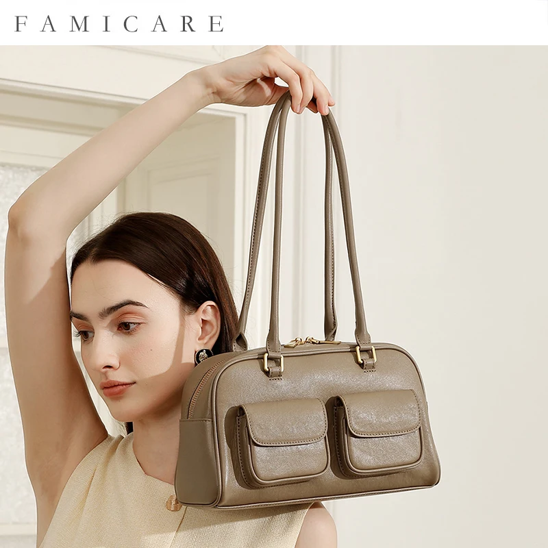 

Women's Genuine Leather Retro Underarm Bag Lady Daily commuting Shoulder Boston Bag Girls Versatile Simple Stylish Bowling Bag