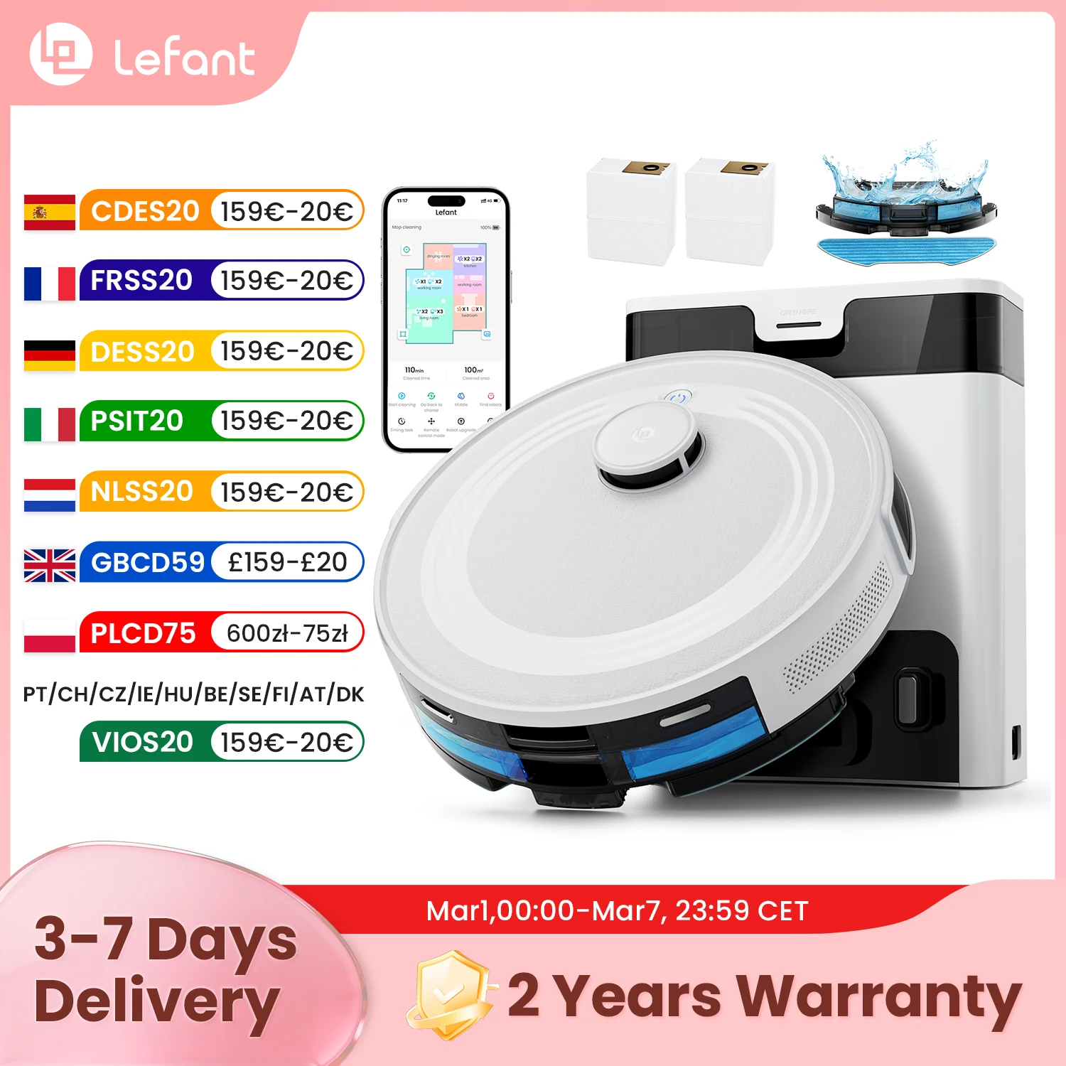 Lefant M2 Pro Staubsaugerroboter mit Mop, Selbstentleerung, Saugleistung von 6000 Pa, DTOF-Lasernavigation, PSD-Hindernisvermeidung, Wi-Fi/Alexa-Steuerung