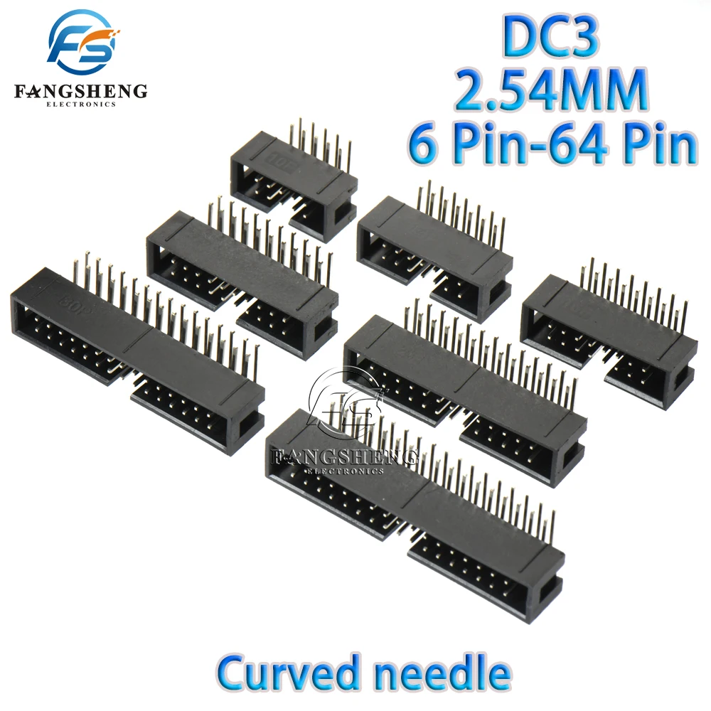 10/100Pcs DC3 2.54mm Pitch Male Connector 6/8//12/14/16/18/20/24/26/30/34/40/50/60/64Pin DIP IDC Socke Curved needle