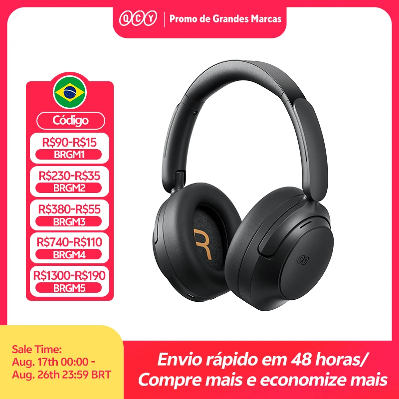 Fone de Ouvido QCY H3S com ANC Adaptativo de -56dB, Som Espacial Hi-Res LDAC, Fone Sem Fio Bluetooth 6.0, Driver Duplo, 102H de Bateria