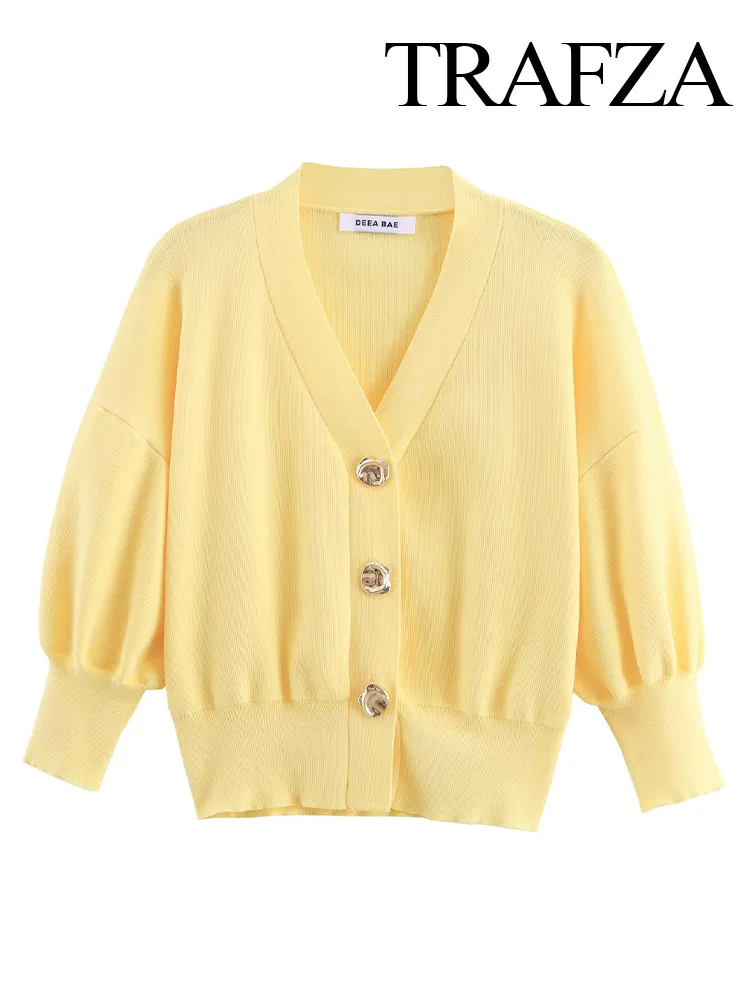 

TRAFZA Women Fashion Versatile Yellow Solid Long Sleeve Knitted Top Women Casual Simple Single Breasted V-Neck Cardigan Sweater