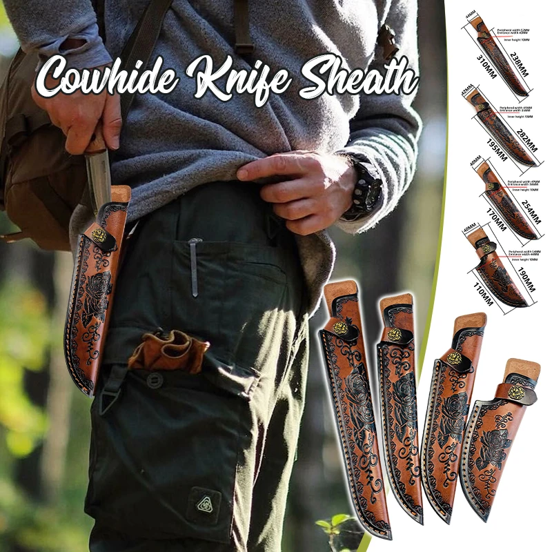 First Layer Cowhide Scabbard Vintage Embossed Leather Knife Cover Outdoor Small Straight Knife Cover Blade Protector Case