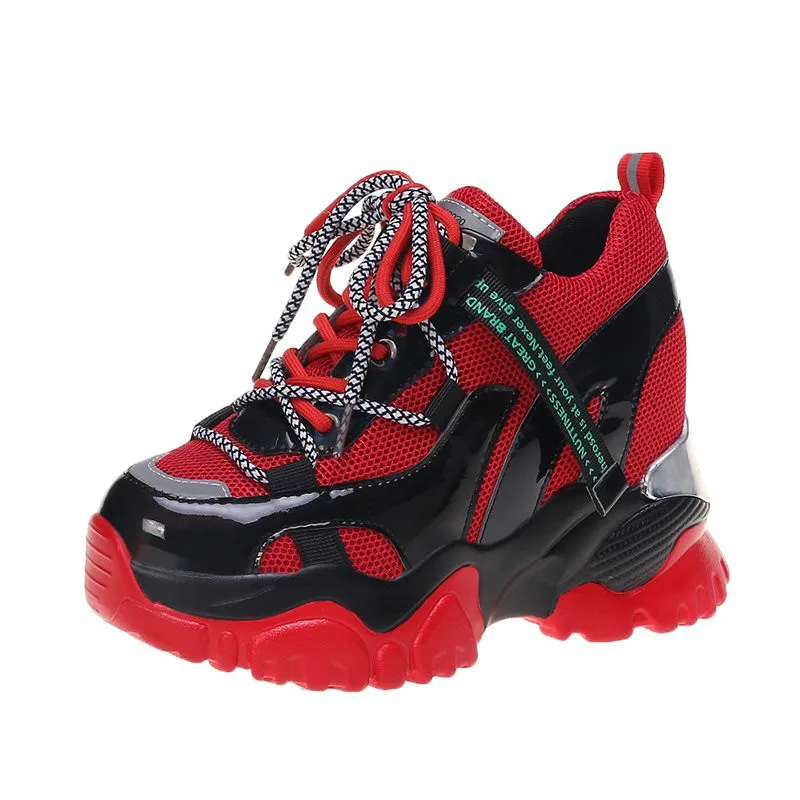 Kobiety Chunky Sneakers szpilki 10 CM kobiety jesień grube dno platforma trampki wysokość zwiększenie kobieta srebrne obuwie