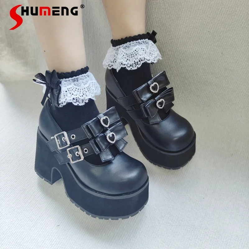 

Japanese Mines Style Mass-Produced Elegant Versatile Loafers Heart Rhinestones Bow Black PU High Heels Pumps Women Lolita Shoes