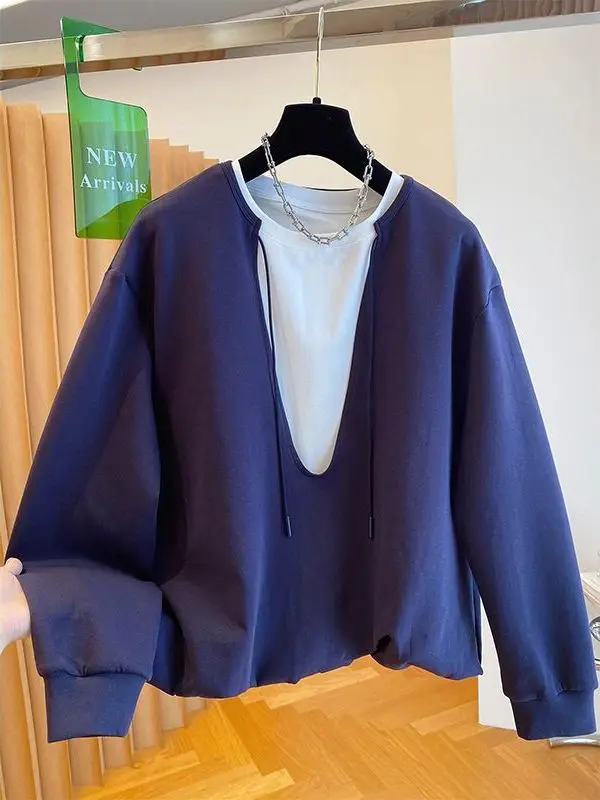 

Длинный свитшот све размера плюс, женский свободный тонкий весенне-осенний цвет, дизайн Blo, удобный топ больших размеров, модный корейский S...