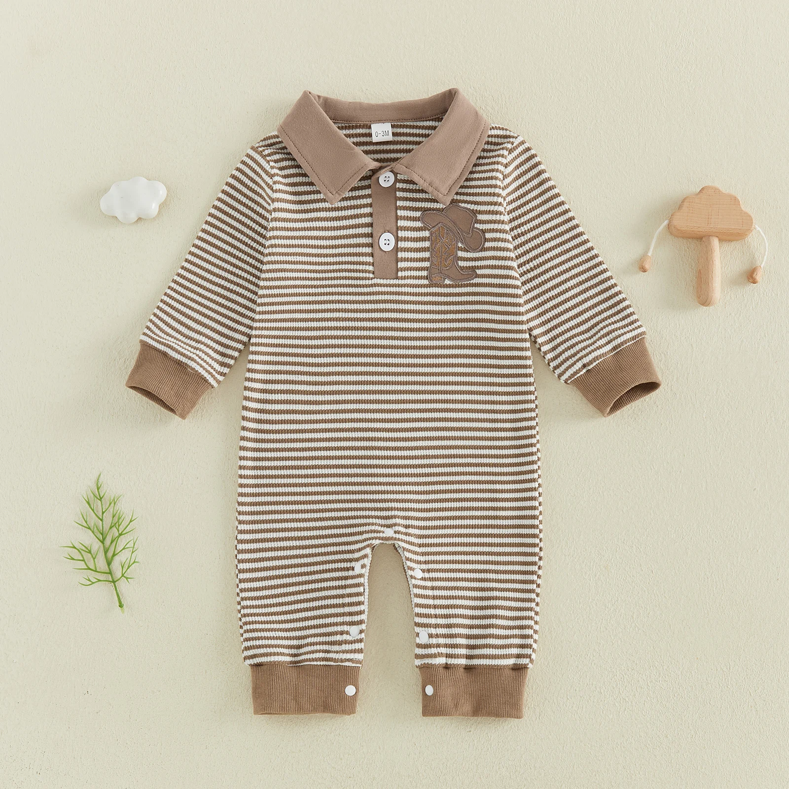 Baby Boy Autumn Striped Waffle Jumpsuit Long Sleeve Sailboat/Cowgirl Boots Embroidery Lapel Button Up Romper