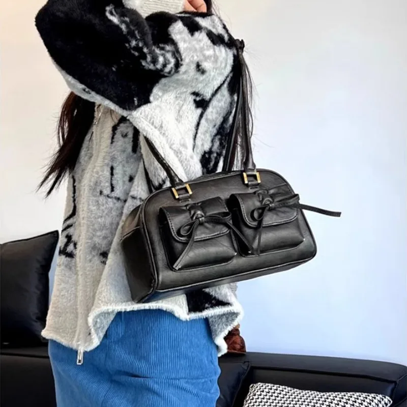 Xiuya Pink Elegant Womens Shoulder Bag Plaid Bow Vintage Leather Cute Leather Handbag Casual Sweet Bow Exquisite New Armpit Bag