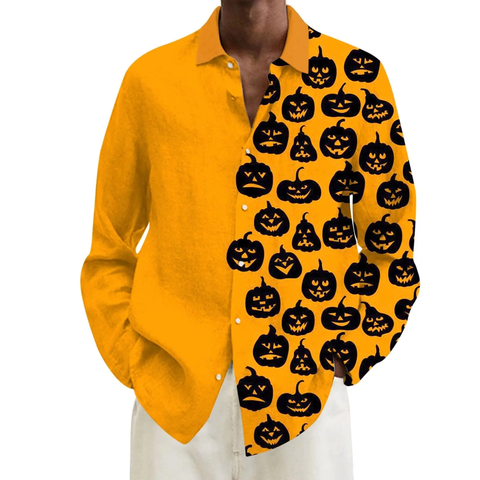 2024 New Men's Halloween Shirt Long Sleeve Loose Casual 3D Printed Pumpkin Print Buttoned Formal Shirt Men's Lapel Long Sleeve