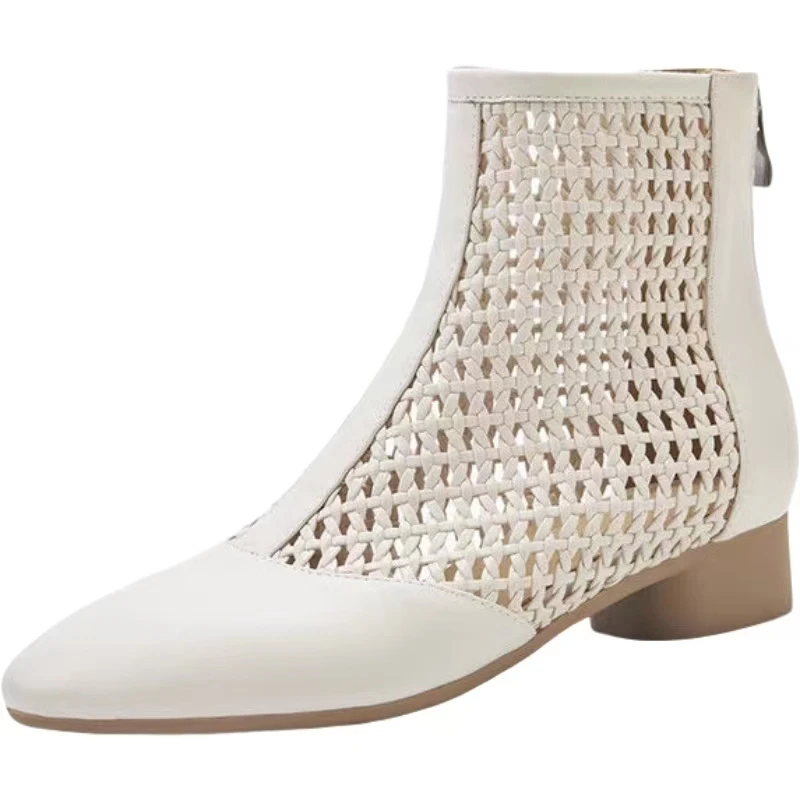 

Женские весенне-летние новые кожаные ботильоны с вырезами на мягкой подошве, нескользящие ботинки на низком каблуке, высокое качество, на молнии с острым носком, крутые ботинки