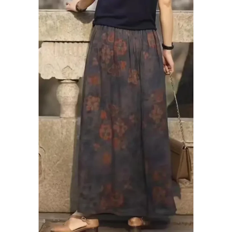 Women's New Spliced   Elastic High Waist Fashion Printed Loose Versatile Casual Skirts