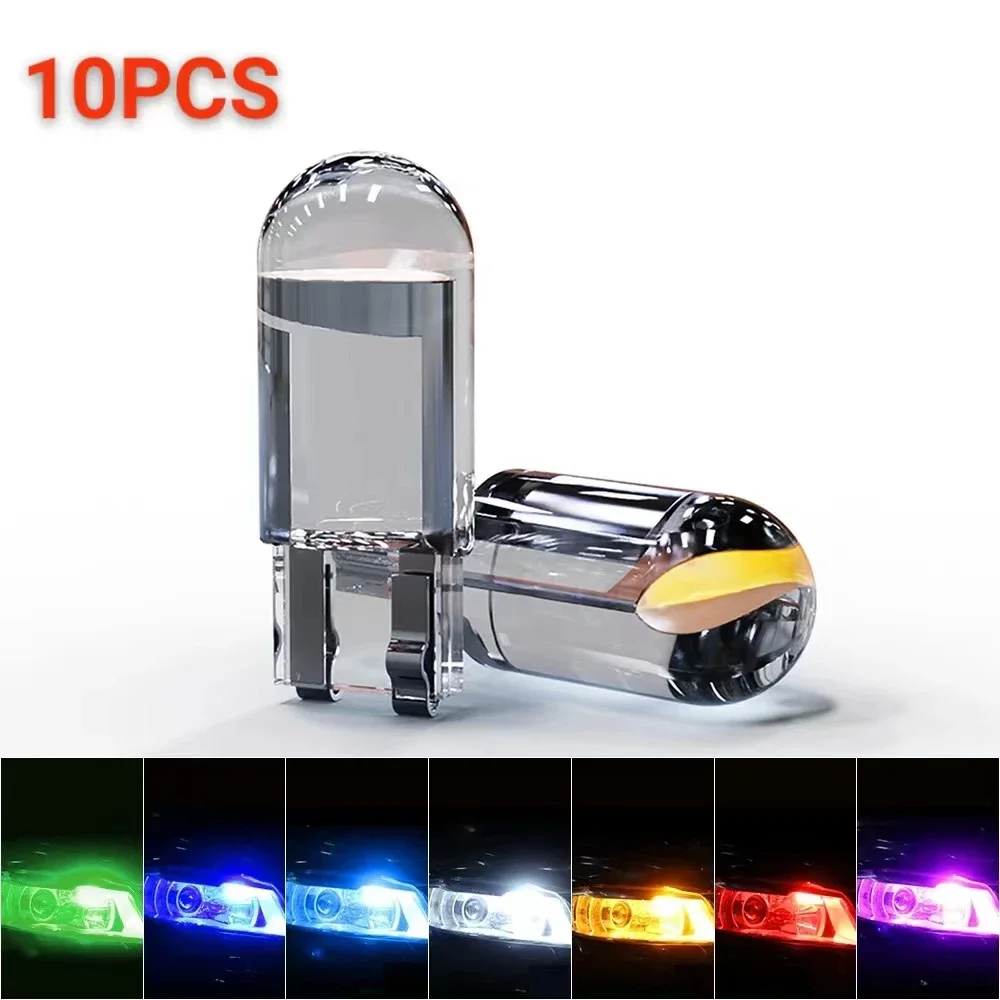 10PCS T10 W5W LED Car Lights COB Glass Interior Parts Bulbs 6000K White Auto License Plate Lamp Dome Read Light 12V Signal Lamp