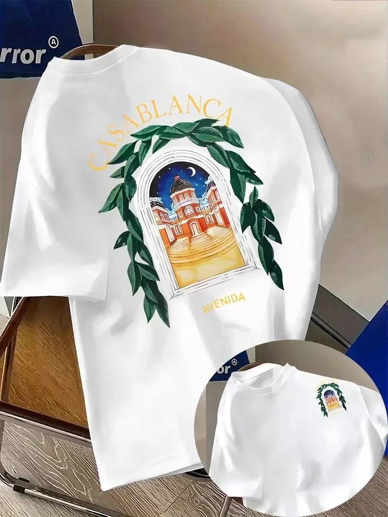 Camiseta Gráfica Arquitetônica Estética Casablanca Verão 2026 Casual Gola Redonda Manga Curta Top Unissex Streetwear Neutro