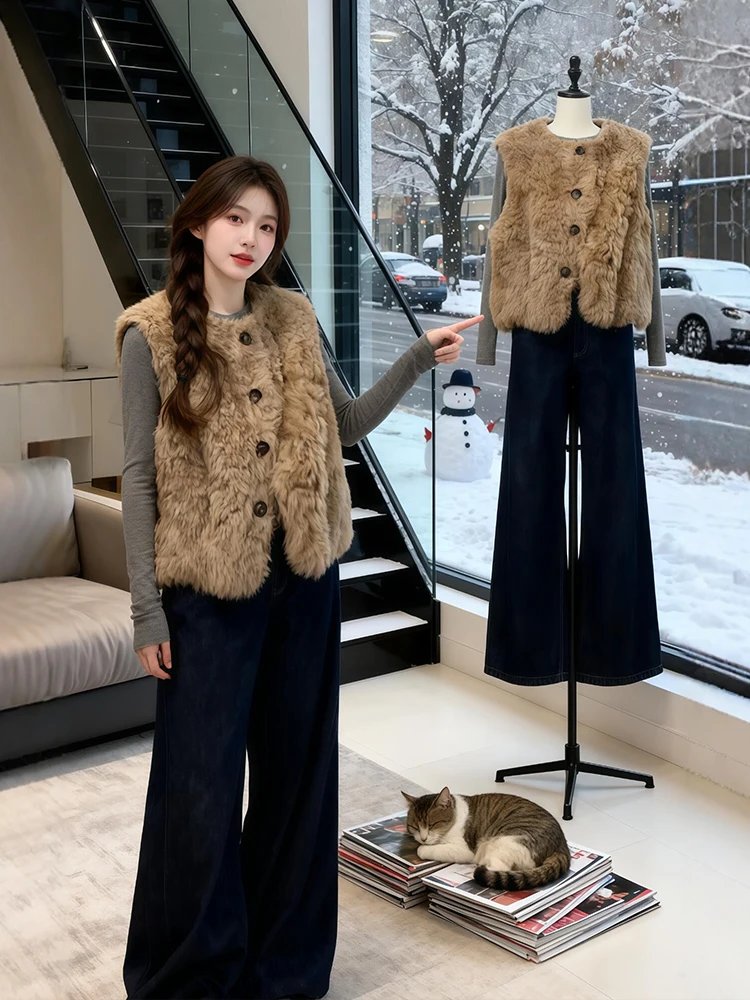 

plus Size Winter Faion Set with Lamb Fur Vest And Jeans Tee Piece Ensemble for plus Size Women Comfortable Warmth Sle